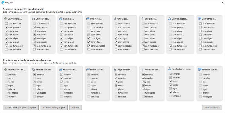 Easy Join advanced configuration screen, with joins and cut priorities per element type