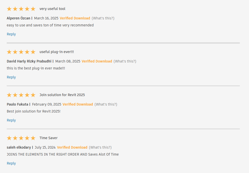 Five-star reviews from Easy Join users on the Autodesk store