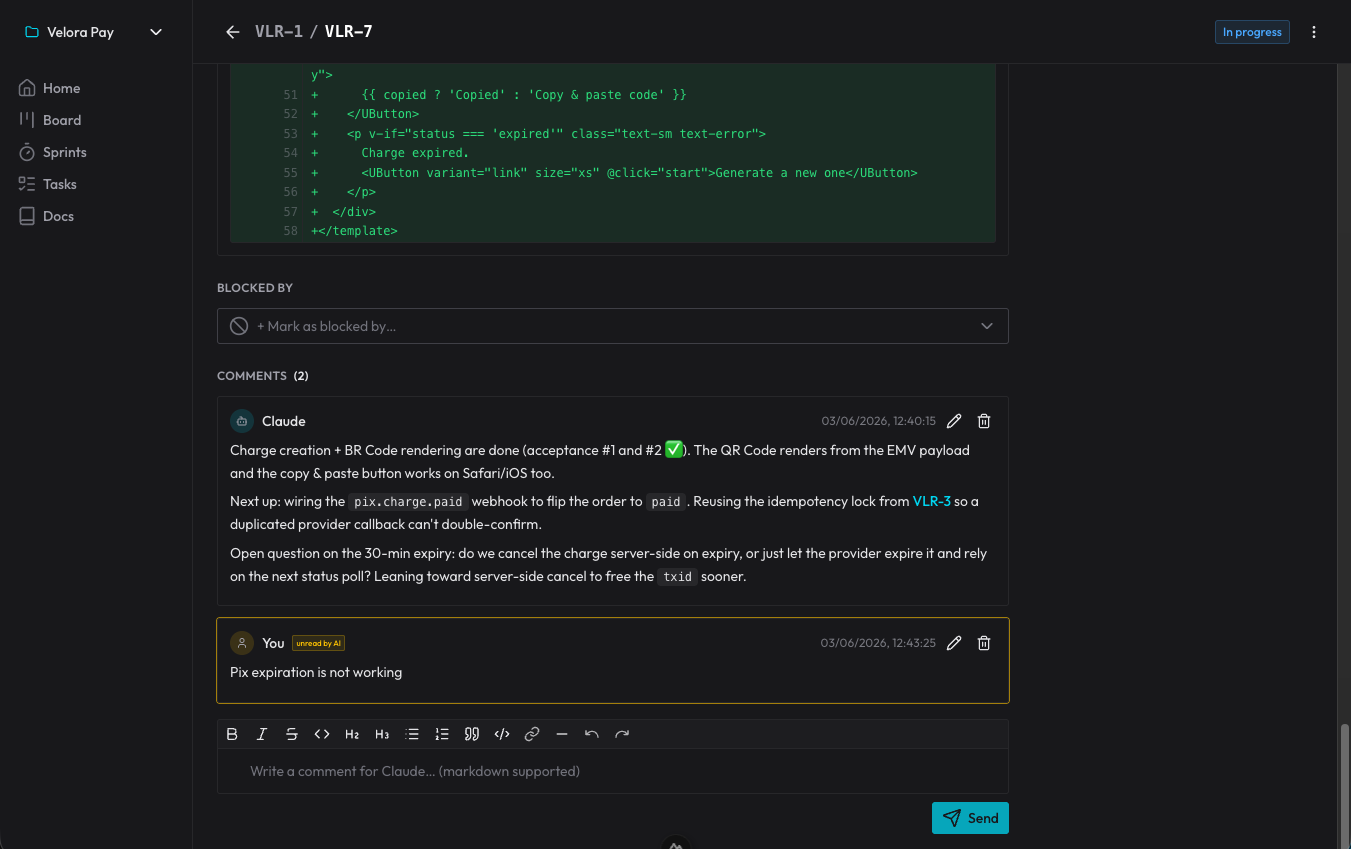 A card's comment thread and the attached commit diff, with a human comment not yet read by the AI