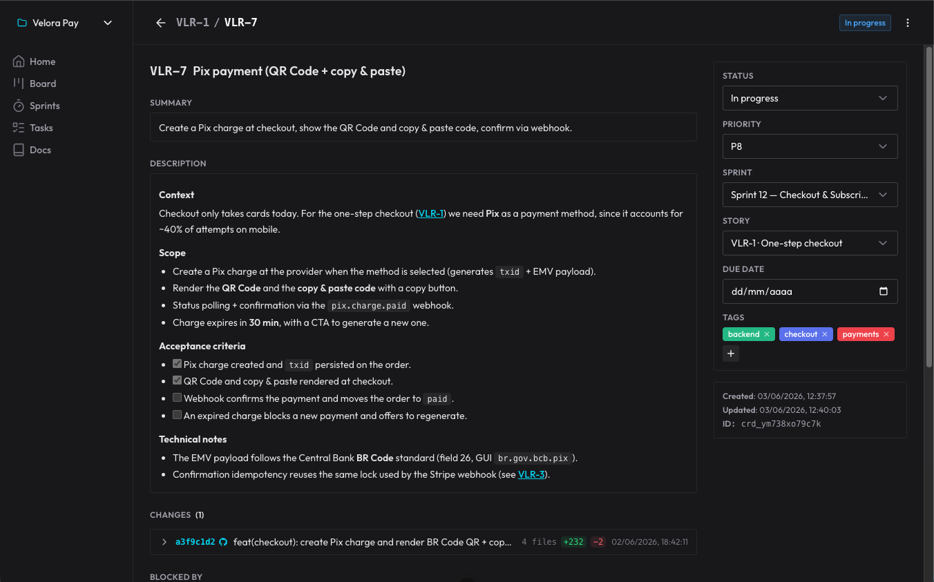 Detail of a card in claude-organizer: description, acceptance criteria, status, sprint, tags and the attached commit